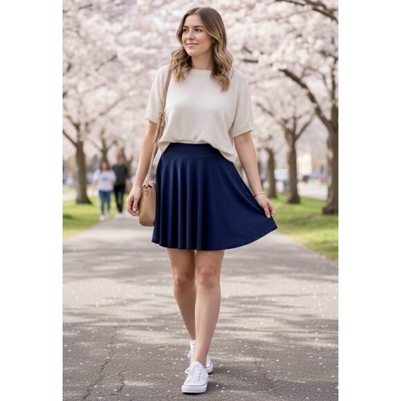 Women’s Navy A-Line Skater Skirt Flowy Flare Yoga Waistband Casual Minimalist XS - Picture 2 of 8